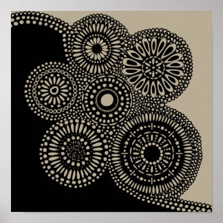 Póster Círculos abstractos con puntos florales negras en