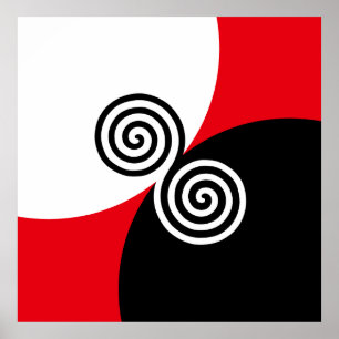 Póster Círculos en espiral abstractos sobre negro, rojo y