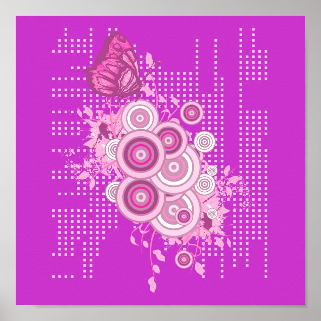 Póster círculos retro y diseño de mariposas (Frente)