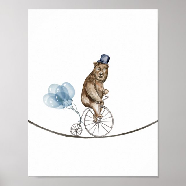 Póster Circus Bear On A Bike With Blue Balloons Nursery (Frente)