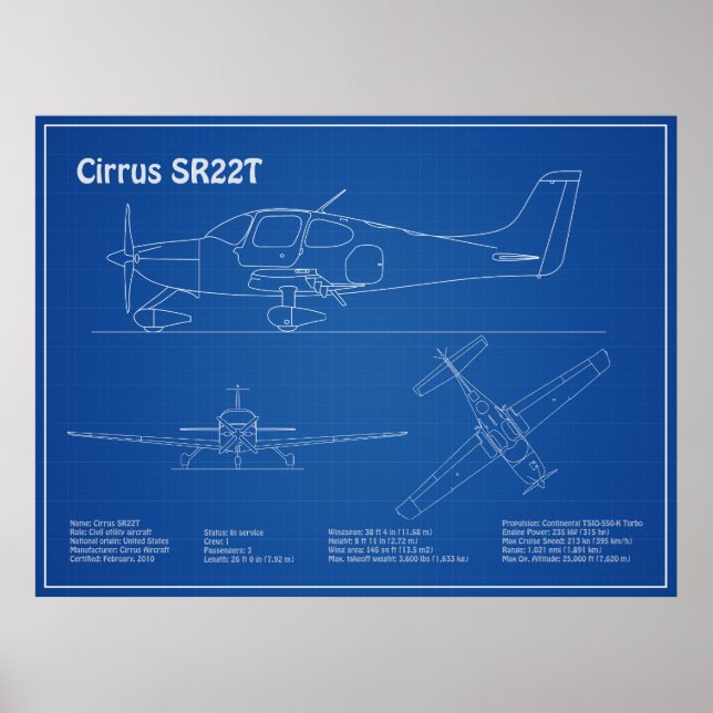 Póster Cirrus SR22T - Planes de dibujo de plano de plano  (Frente)