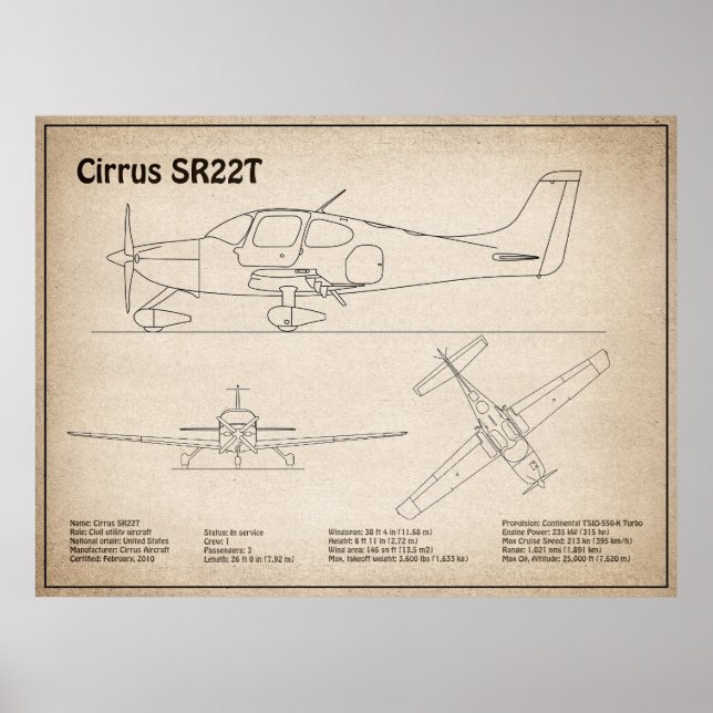 Póster Cirrus SR22T - Planes de dibujo de plano para avió (Frente)