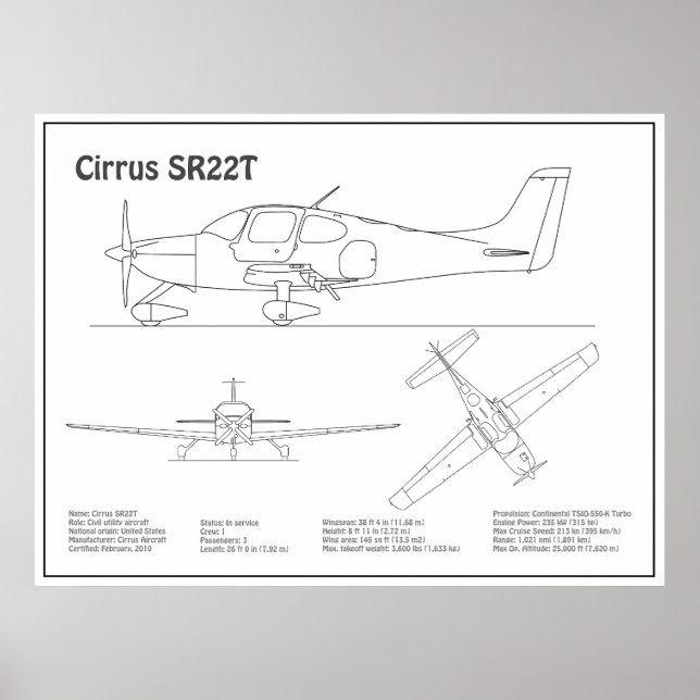 Póster Cirrus SR22T - Planes de planos de planos del plan (Frente)