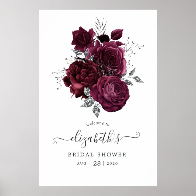 Póster Ciruela Burdeos y Floral Plateado (Frente)