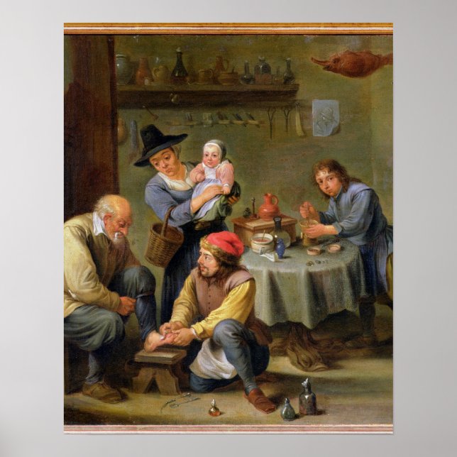 Póster Cirujano cuidando del pie de un anciano (Frente)