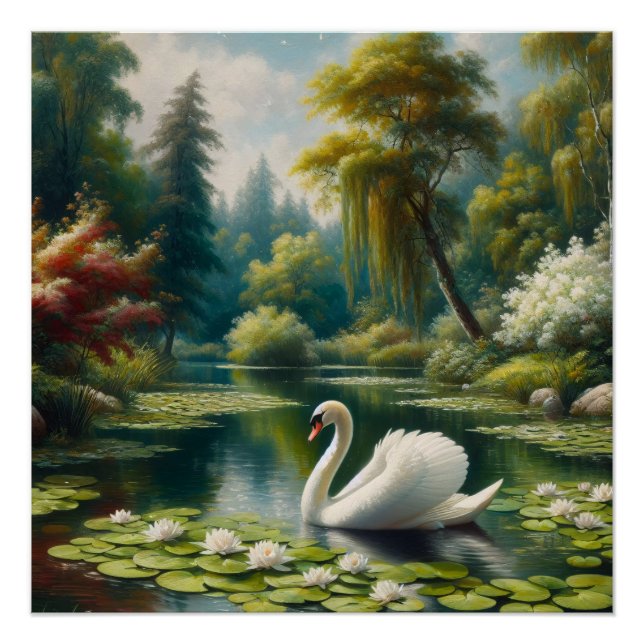 Póster Cisne blanco en el lago Impresionismo Decoupage (Anverso)
