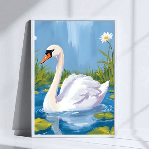 Póster Cisne Blanco   Pintura de Ave en Acuarela de Estan