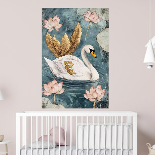 Póster cisne blanco rodeado de flores de loto.