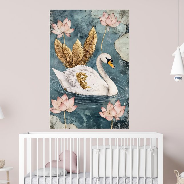 Póster cisne blanco rodeado de flores de loto. (Guardería 2)