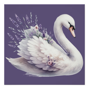 Póster Cisne de Acuarela con Florales de Lavanda