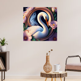 Póster Cisne de acuarela elegante en flor oriental