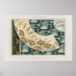 Póster Cisne de época, ilirios de agua y libélulas