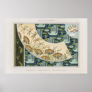 Póster Cisne de época, ilirios de agua y libélulas