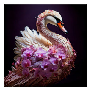 Póster Cisne surrealista con orquídeas