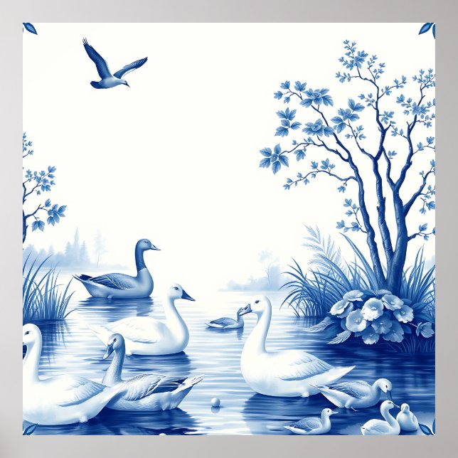Póster Cisnes del lago Blue Willow (Frente)