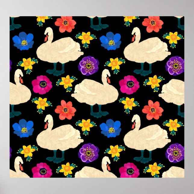 Póster Cisnes, flores, fondo negro dibujado a mano. (Frente)