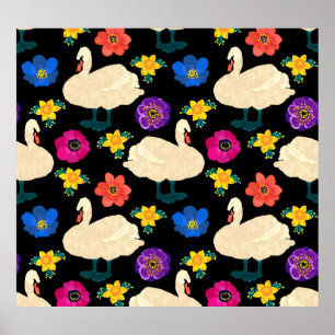 Póster Cisnes, flores, fondo negro dibujado a mano.