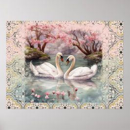 Póster Cisnes pacíficas en el lago - Rubor Verde azulado