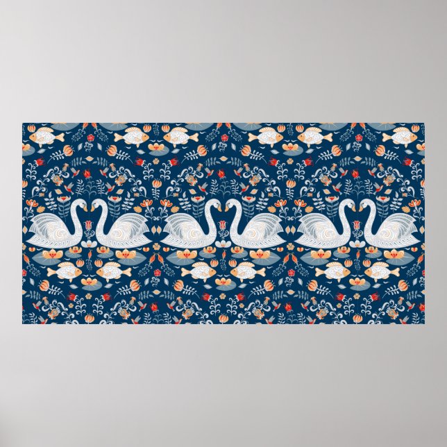 Póster Cisnes, peces, flores de fondo azul. Decorativo (Frente)