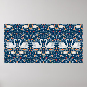Póster Cisnes, peces, flores de fondo azul. Decorativo