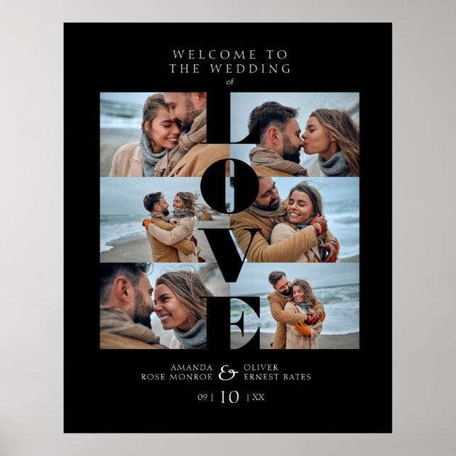 Póster Cita de Amor Collage Negro Bienvenida Boda 6 Fotos (Frente)