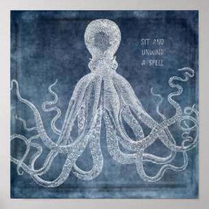 Póster Cita de color azul octopus vintage
