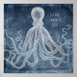 Póster Cita de color azul octopus vintage