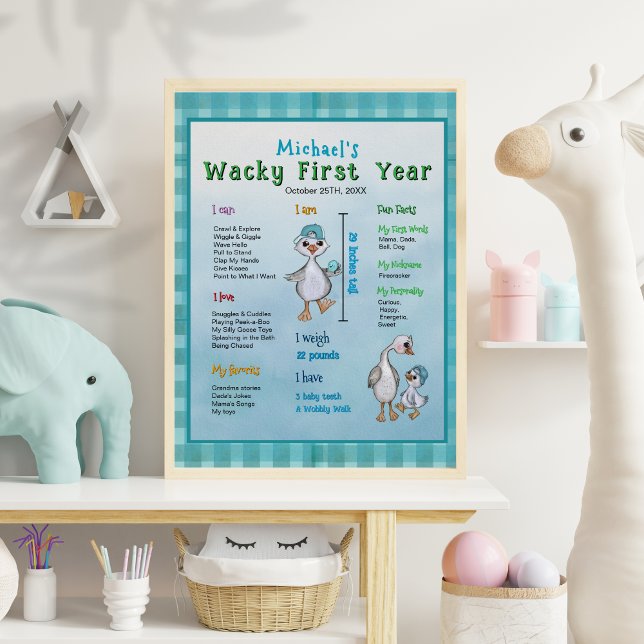 Póster Cita de cumpleaños de niño de primer año de Silly  (Silly Go First Year Boy's Birthday Milestone Board Poster)