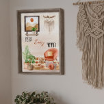 Póster Cita de escena de Moda Boho Disfruta cada momento<br><div class="desc">Decoración de estilo bohemio con un moderno sillón de mediados de siglo con almohadas y zapatillas favoritas,  algunas plantas y una alfombra con un cuadro en la pared y un macrame colgado. Moda de Boho "Disfruta cada momento" cita / dicho editable. Diseño compuesto por Holiday Hearts Designs.</div>