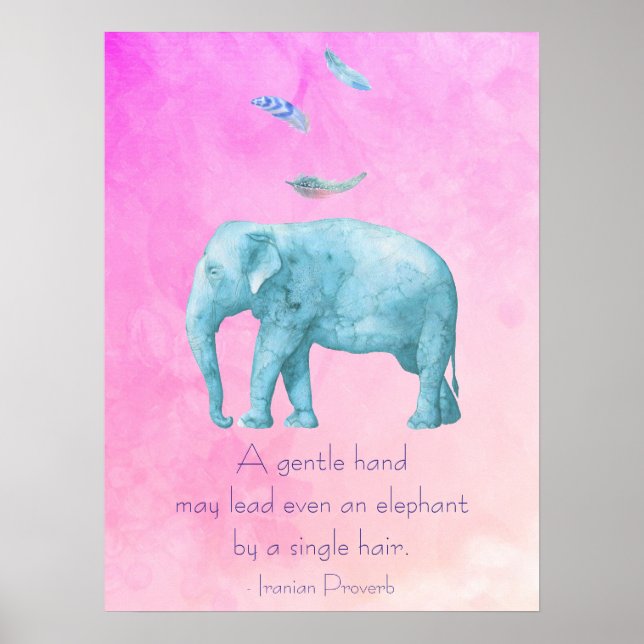Póster Cita inspiradora con plumas y elefante (Frente)