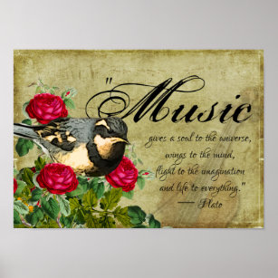Póster Cita musical, pájaro exuberante y Rosas, violín vi