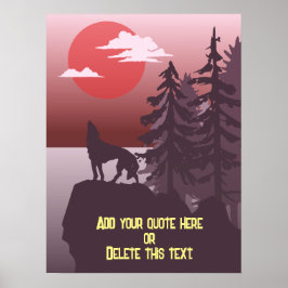 Póster Cita personalizable Gray Wolf Howing Red Sunset