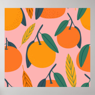 Póster Cítricos dibujados a mano, patrón de mandarina sin
