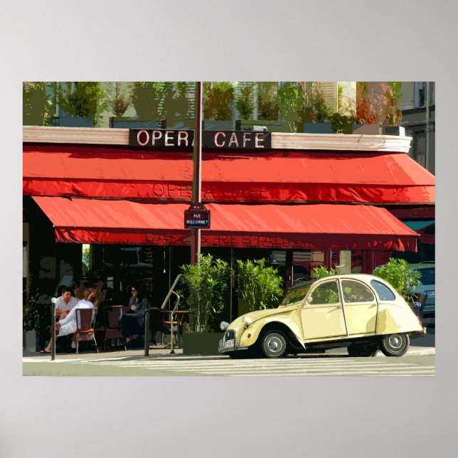 Póster Citroën Car frente a un café de París (Frente)