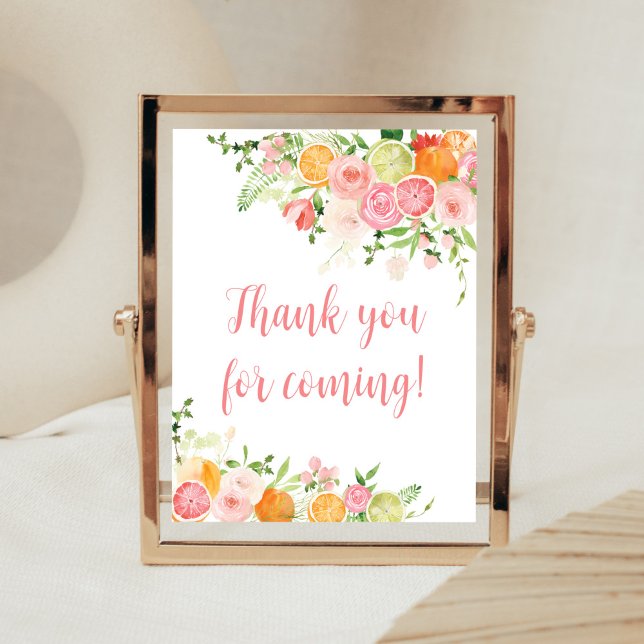 Póster Citrus Naranja floral rosa gracias por venir (Girl Lemon Baby Shower Thank You for Coming Sign)