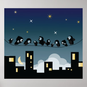 Póster City Birds On A Wire Starry Sky