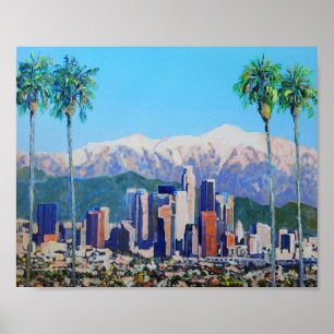 Póster City of Los Angeles California Skyline and Mountai
