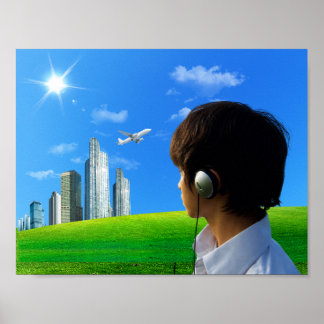 Póster City Skyline Headphones Frutiger Aero