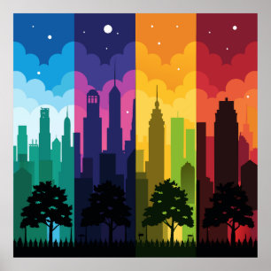 Póster Cityscape Silhouette Seasons