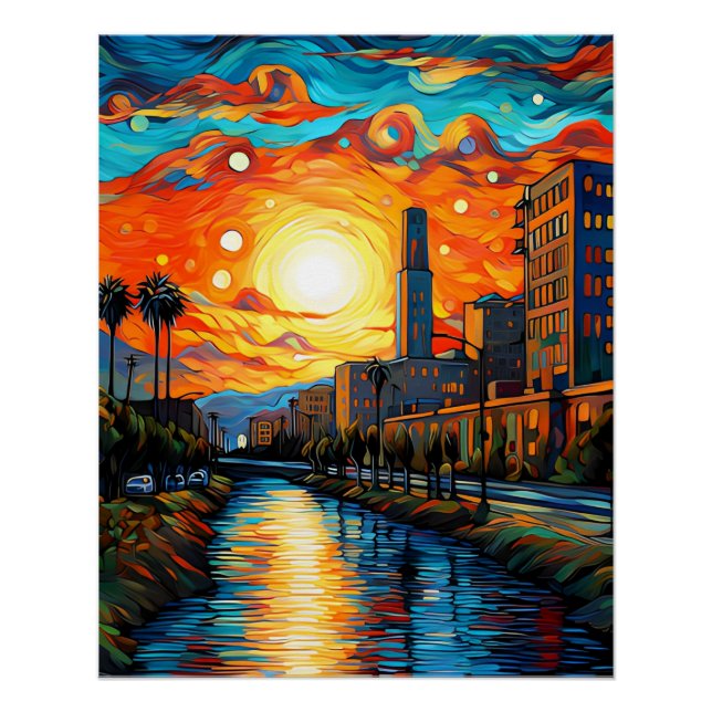 Póster Ciudad al atardecer; estilo Vincent Van Gogh (Anverso)