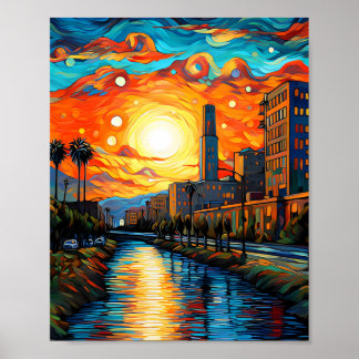Póster Ciudad al atardecer; estilo Vincent Van Gogh