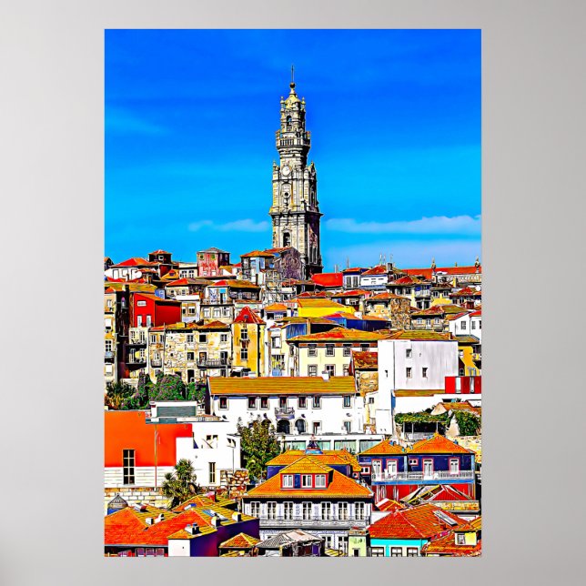 Póster Ciudad antigua de Oporto con torre Clerigos (Frente)
