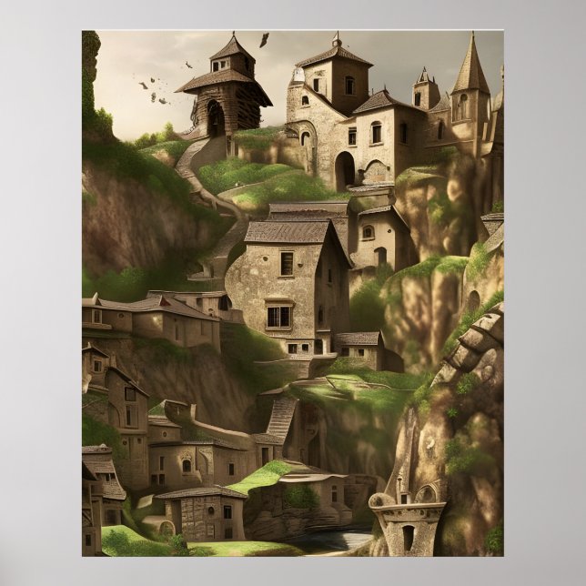 Póster Ciudad antigua en casas de piedra de montaña (Frente)