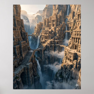 Póster Ciudad Antigua en el Acantilado de la Montaña