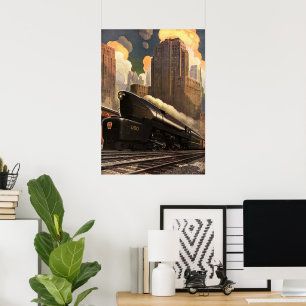 Póster Ciudad antigua, tren dúplex T1 en vías férreas