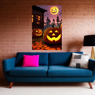 Póster Ciudad, calabaza y luna de calabaza Poster de ar