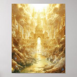 Póster Ciudad Celestial Dorada de Luz Fantasía Celeste