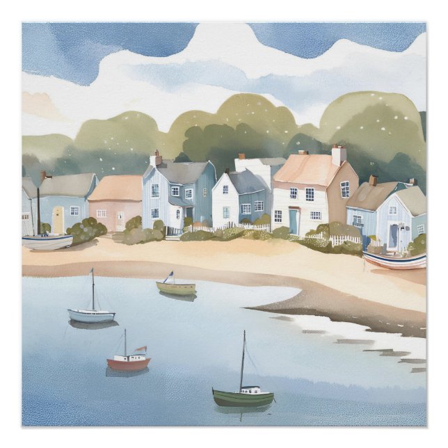 Póster Ciudad costera | Cuadros de acuarela Airy Beachy (Anverso)