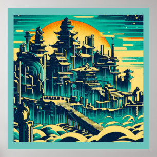 Póster Ciudad de Atlantis 1 - Estilo Woodblock