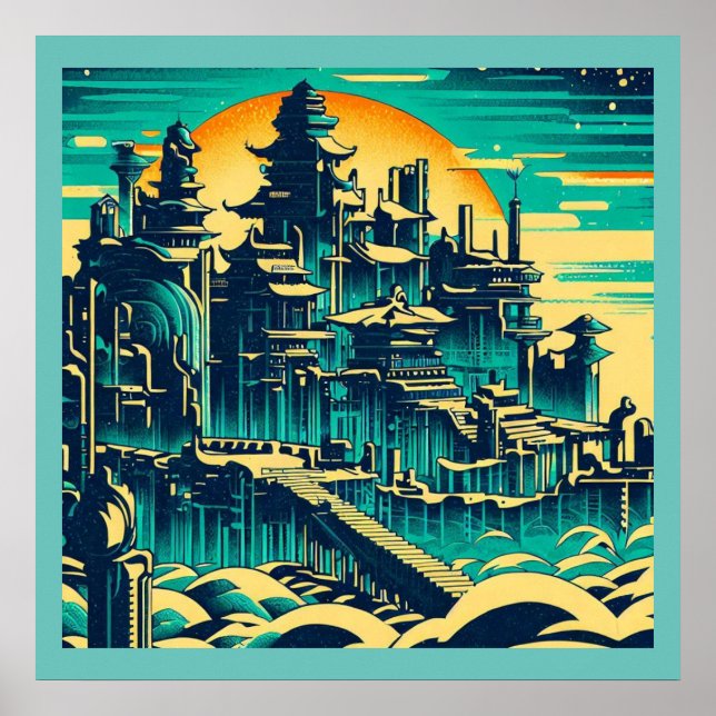 Póster Ciudad de Atlantis 1 - Estilo Woodblock (Frente)